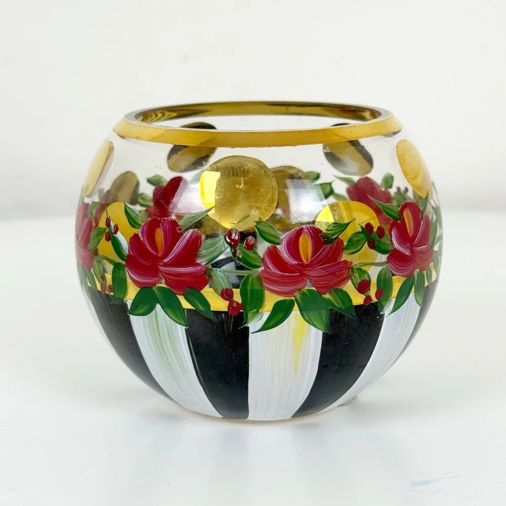 Mackenzie Childs Heirloom Rose Bowl Vase Hand Painted- Retired Rare